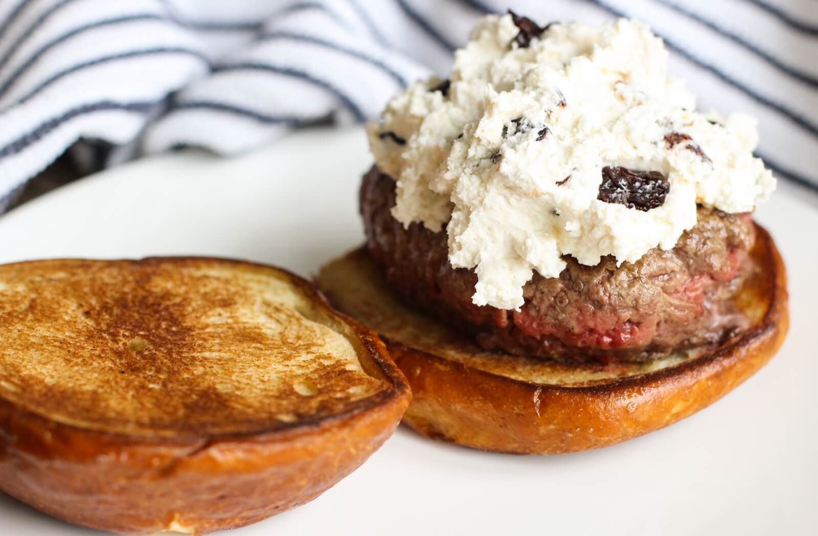 Goat Cheese Horseradish and Dried Cherry Topped Burgers - MEtirementblog