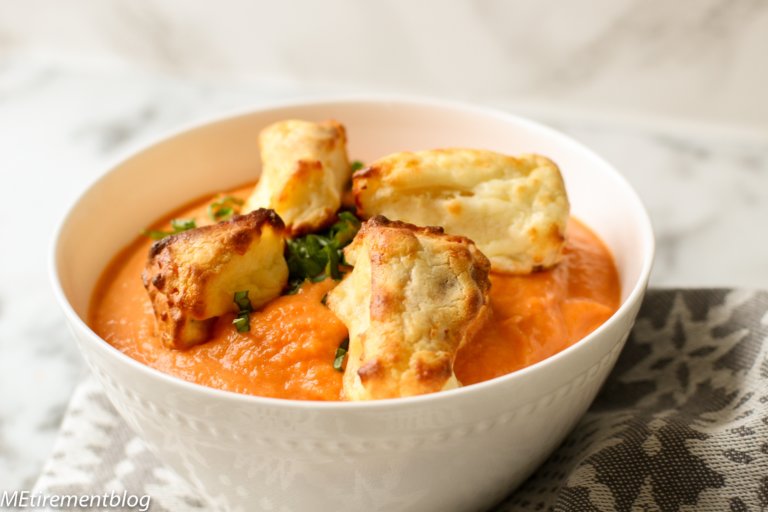 Creamy Tomato Bisque with Puffy Cheese Croutons