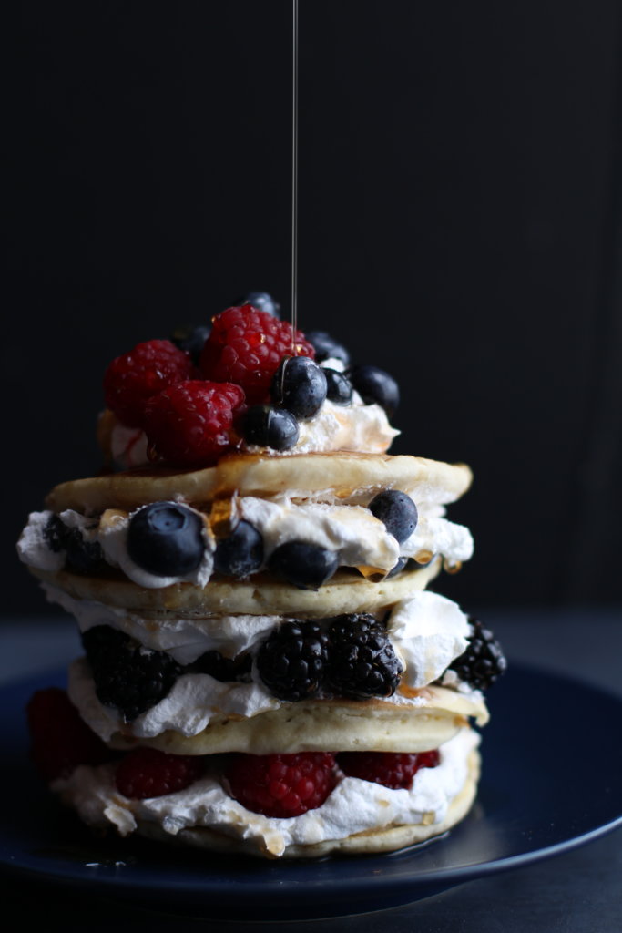 Yummy pancakes with Fresh Blueberries and Raspberries