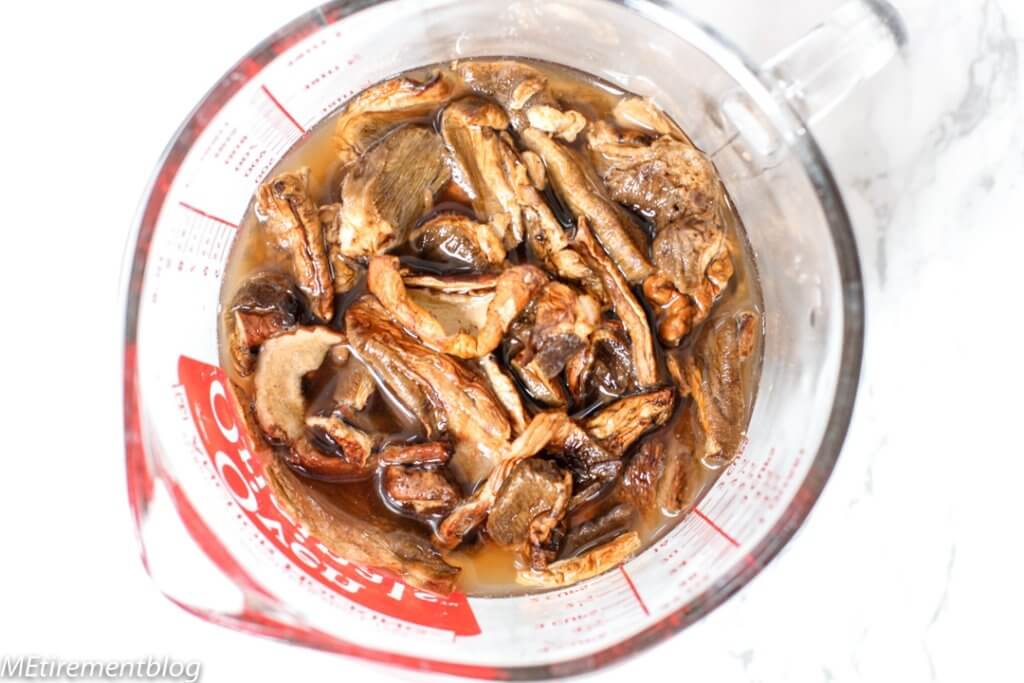 Mushrooms Soaking for Creamy Mushroom Rigatoni