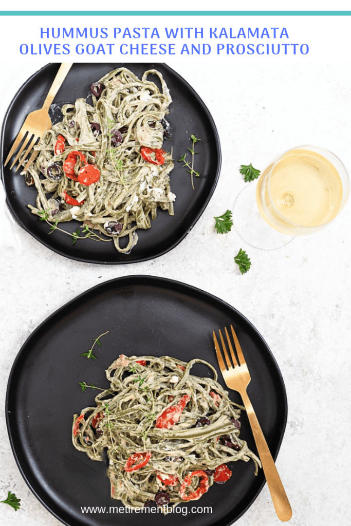 Hummus Pasta with Kalamata Olives, Goat Cheese, and Prosciutto