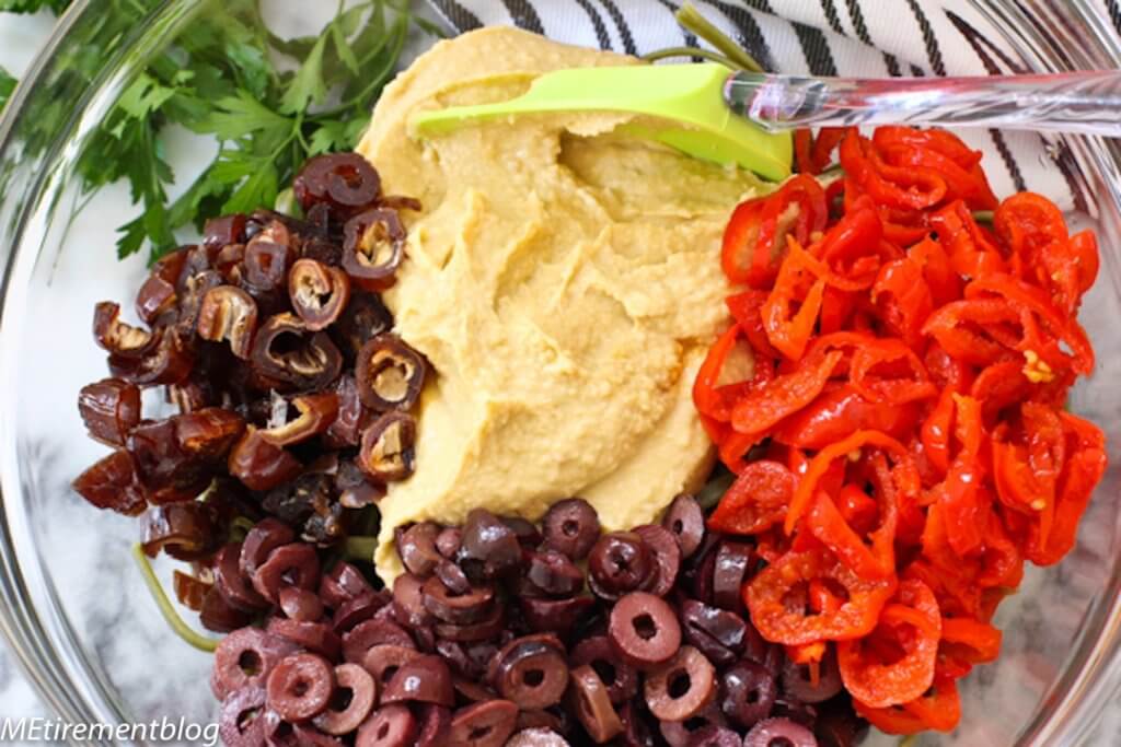 Hummus Pasta with Kalamata Olives Goat Cheese and Prosciutto