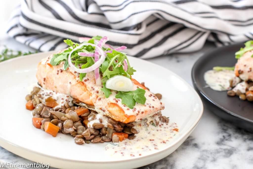 Oven Roasted Salmon with Vegetable Lentil Ragout and Mustard Horseradish Sauce
