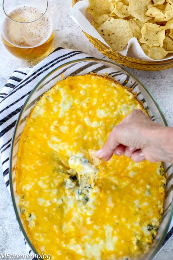 Cheesy Corn Dip with Roasted Jalapeno and Poblano Peppers