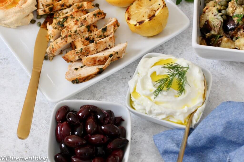 Mediterranean Grilled Chicken Platter with Kalamata Olives and Labneh