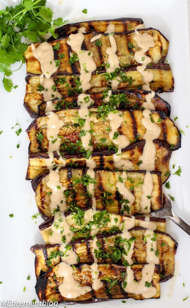 Grilled Marinated Eggplant with Lemon Honey Tahini Sauce - MEtirementblog
