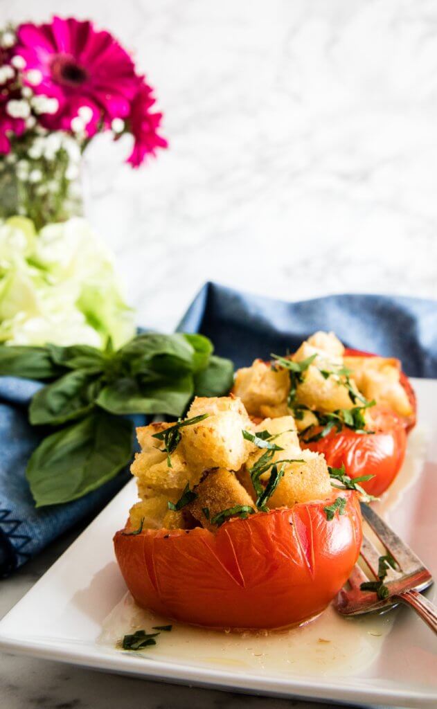 Egg-Stuffed Baked Tomatoes with Garlic Croutons with Basil