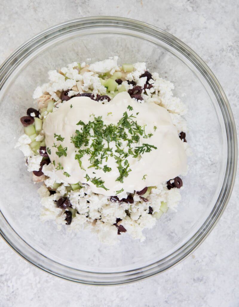 Ingredients for Greek Yogurt Chicken Salad dressing in a glass bowl