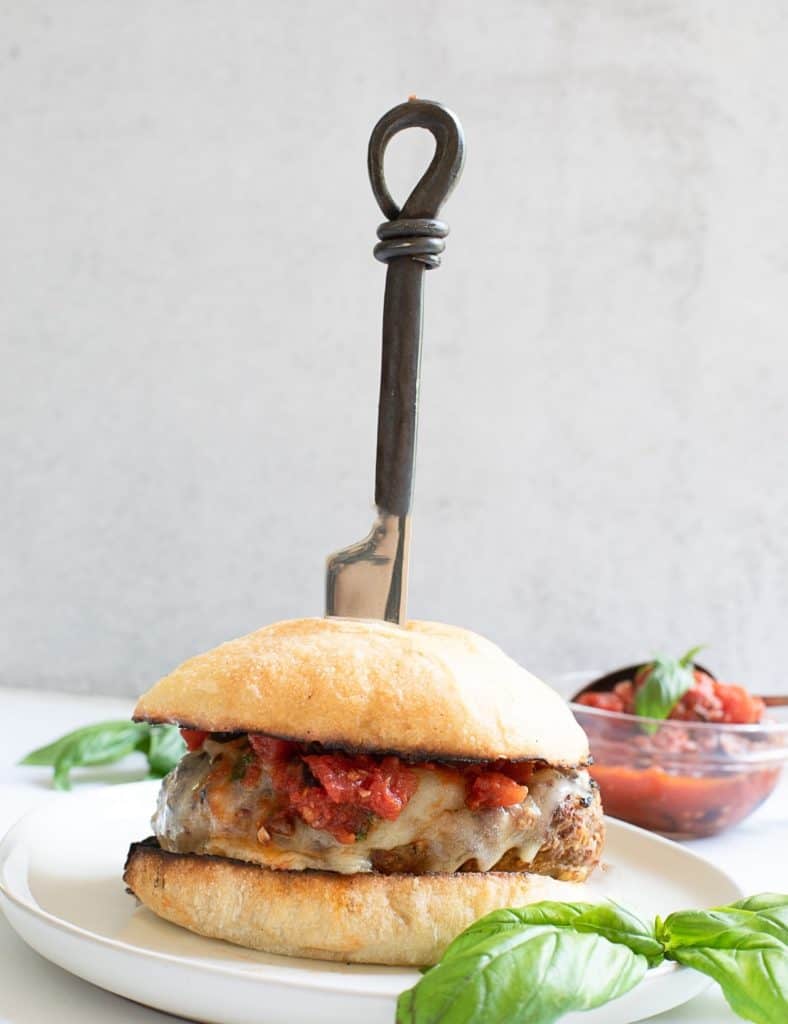 Parmesan and Provolone Burgers with Tomato Olive Jam