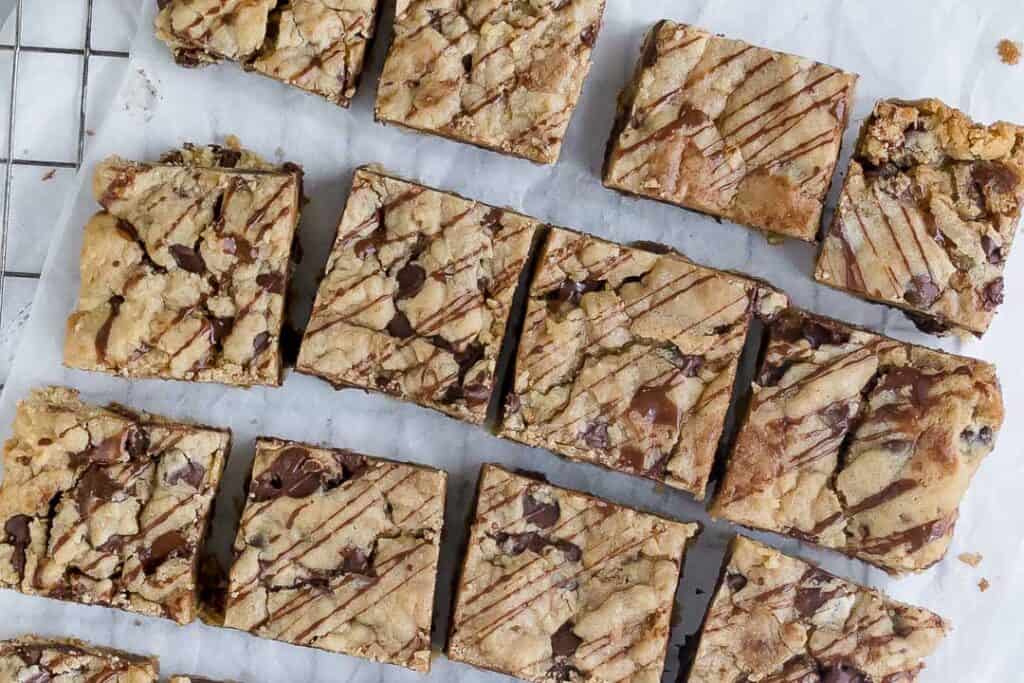 One Bowl Chewy Chocolate Chip Bars on a Cooling Rack