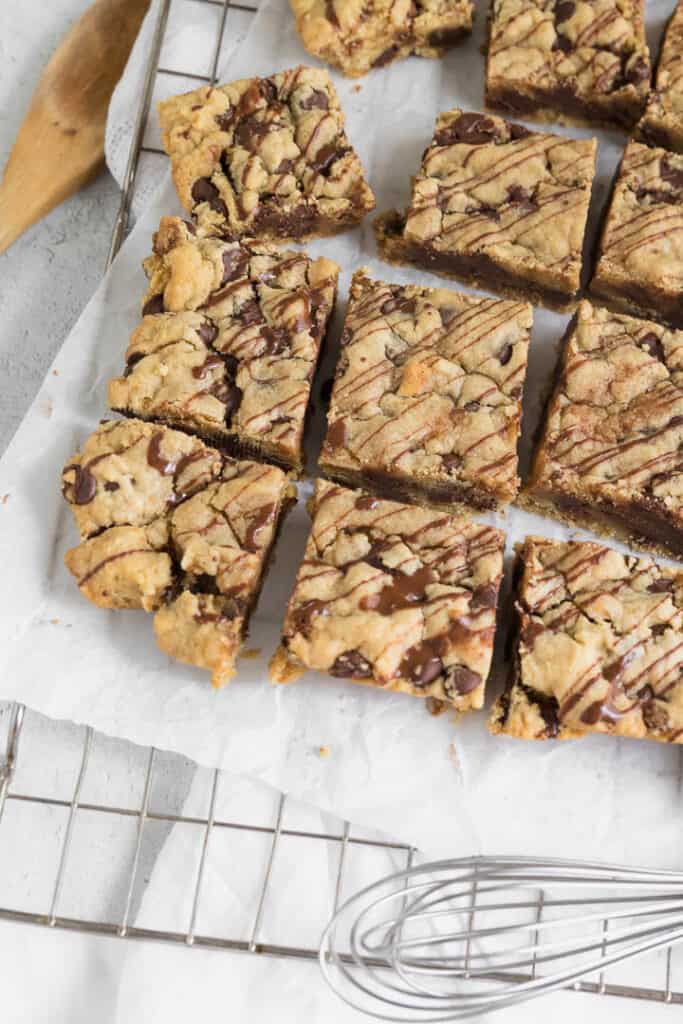 One Bowl Chewy Chocolate Chip Bars Cut into Bars